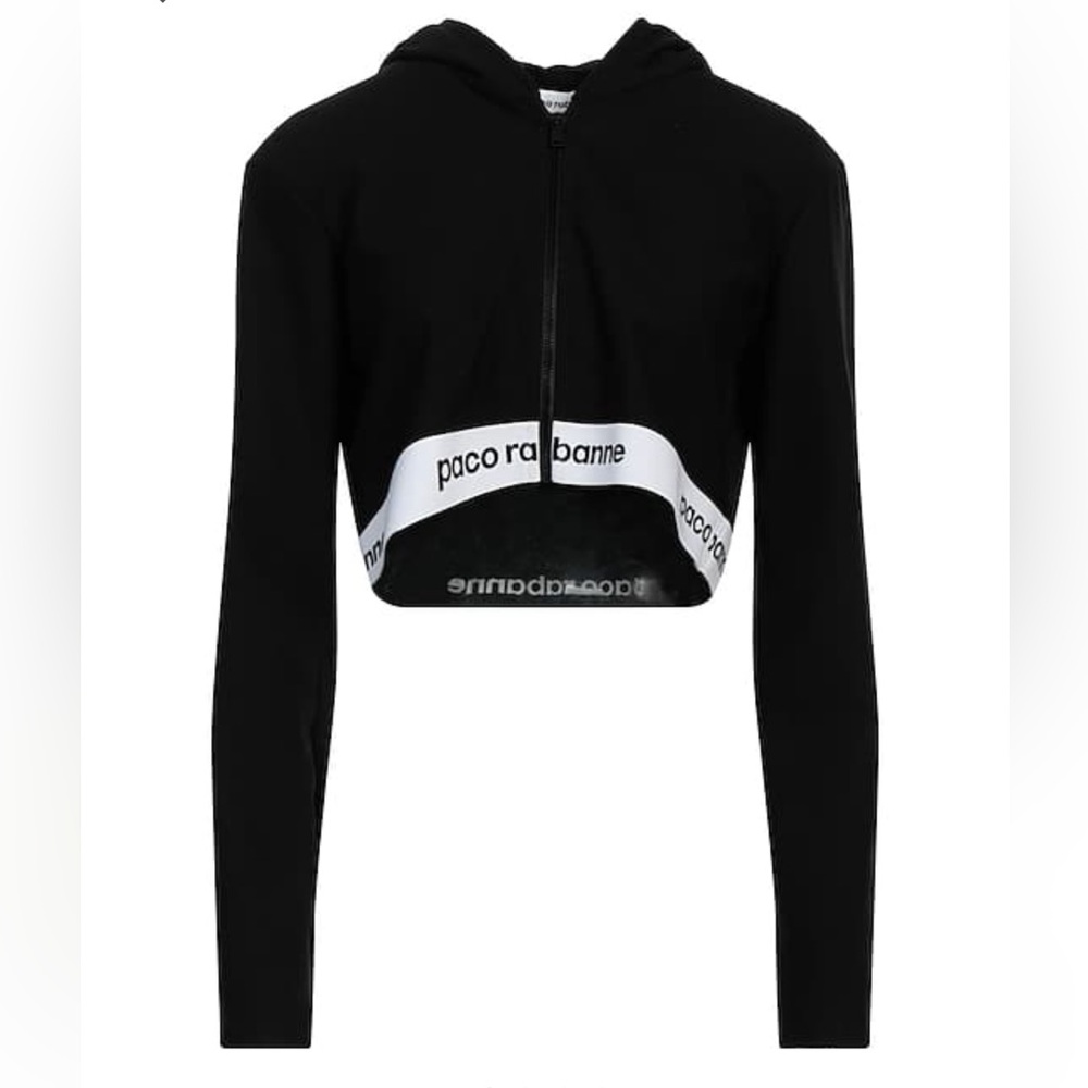 Paco Rabanne Black Cropped Zip-Up Hoodie Logo Tape Hem - Size FR 38 (US 6)
